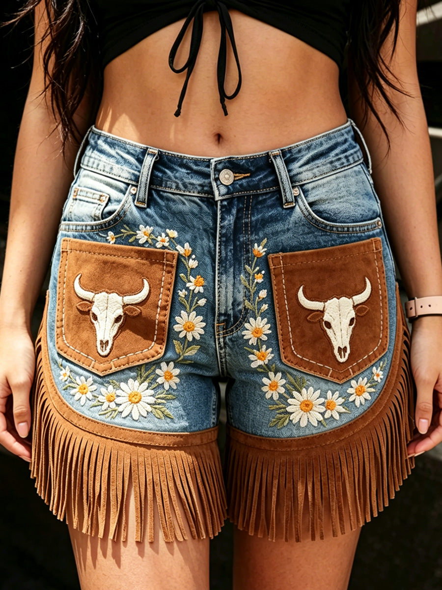 Women's Retro Floral Art Print Casual Leather Fringe Patchwork Pocket Shorts